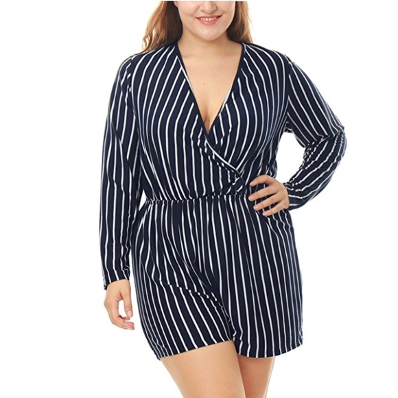 Plus Size Striped V Neck Tie Waist Wrap Romper - Picture 2 of 4